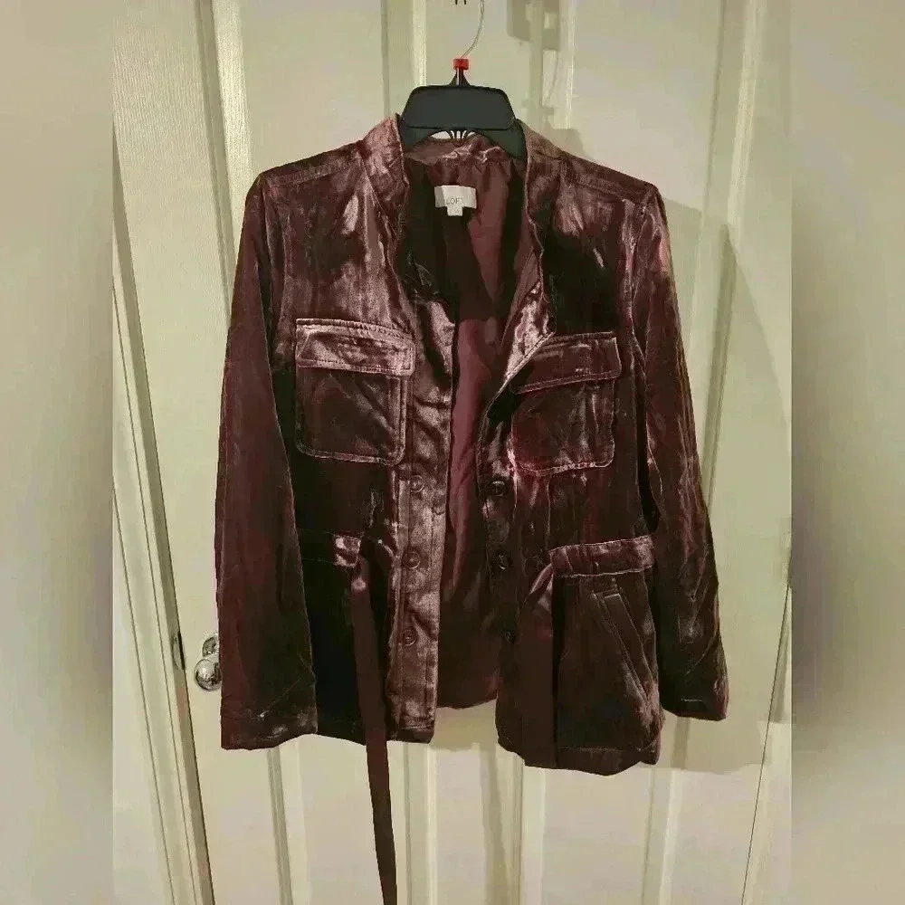 LOFT Crushed Mauve Berry Velvet Utility Jacket Button Front Tie Size S